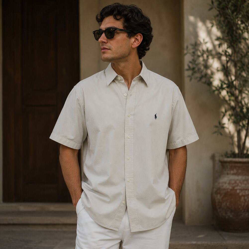 Ralph Lauren VTG SZ L Blake Short Sleeve Cotton Button Down Shirt Tan Relaxed